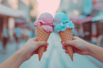 Two women's hands holding ice cream toasting outdoors. Two icecream cones hold by female hands. Cheers, friends and love concept. Vacation and summer tourism vibes, lgbt and pride theme