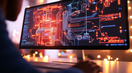 A person sits at a desk, illuminated by warm string lights, working on a computer with a complex digital circuit design displayed on the screen.