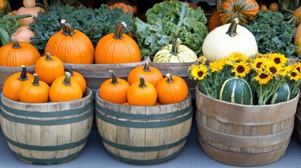 A display of pumpkins and sunflowers in wooden barrels, showcasing autumn harvest.