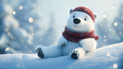 Obraz premium An adorable animated polar bear in a scarf and hat, sliding down a snowy hill, surrounded by sparkling snowflakes in a cheerful winter scene.