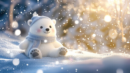 Obraz premium An adorable animated polar bear in a scarf and hat, sliding down a snowy hill, surrounded by sparkling snowflakes in a cheerful winter scene.