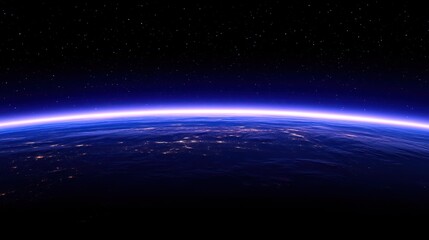 Fototapeta premium Earth's horizon bathed in soft blue light against a backdrop of twinkling stars.