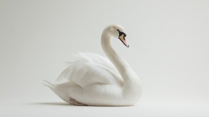 Graceful white swan with head raised, seated in profile view, centered in the frame, looking slightly off-camera, isolated on white background, full-length portrait