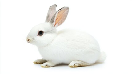 Obraz premium White rabbit with black eyes in a sitting position, profile view, looking off to the side, centered in the frame, isolated on white background, full-length portrait
