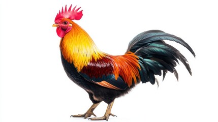 Colorful rooster with vibrant feathers, standing in profile view, looking off to the side, centered, isolated on white background, full-length portrait