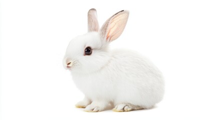 Obraz premium White rabbit with black eyes in a sitting position, profile view, looking off to the side, centered in the frame, isolated on white background, full-length portrait
