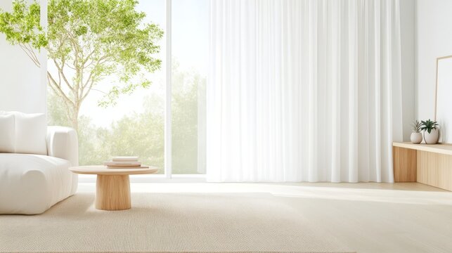 Bright and airy living room featuring light-colored rug and soft fabric curtains illuminated by natural light during the day