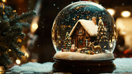 An adorable snow globe with animated woodland animals, snow falling inside, featuring a tiny house and Christmas tree, creating a cozy holiday charm