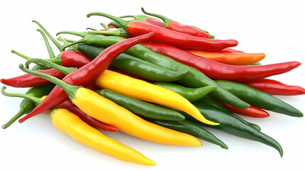 A pile of red, yellow, and green chili peppers on a white background.