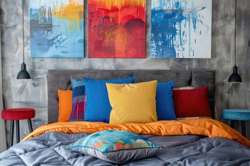 Colorful Bed. Bedroom Interior with Grey Headboard, Colorful Cushions, and Stool. Real Photo.