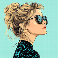 A woman with sunglasses poses against a pastel background. Pop art illustration.