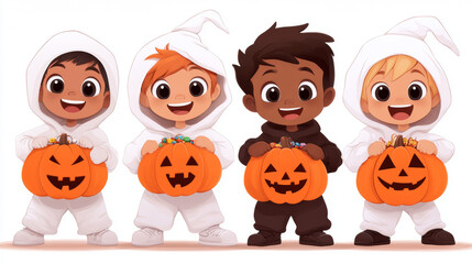 Four children in cute Halloween costumes carry pumpkins full of candy.