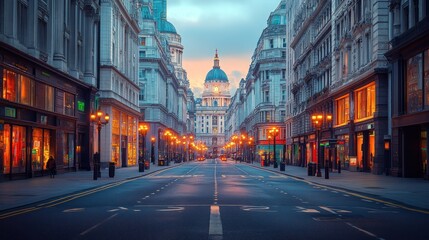Obraz premium Empty street in London with a church at the end of the road.