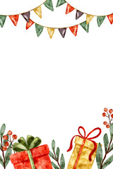 Watercolor template with copy space for birthday or Christmas celebration holidays, gifts and garland