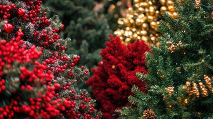 A group of Christmas trees decorated with red berries