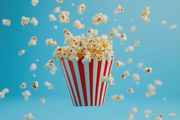 A red and white striped cup filled with buttery popcorn, perfect for movie nights or snacks