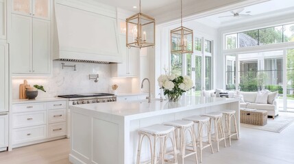 Elegant California kitchen featuring white shaker cabinets, spacious island, and cozy lounge area with natural light