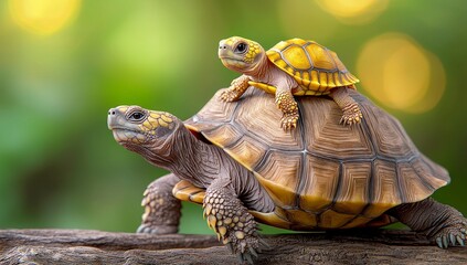 Naklejka premium A close-up of a small young turtle on top of an old large turtle. The image conveys the message of family responsibility and cooperation.