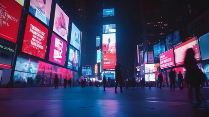 A cityscape with digital screens displaying various marketing messages, showcasing the impact of AI on advertising and brand imagery in an urban setting at night.