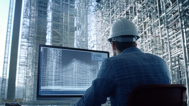 An engineer performing structural analysis on a large-scale building project, with digital models and stress tests displayed on a computer.