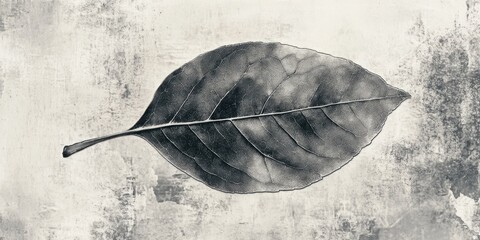 A close-up shot of a single leaf in black and white, highlighting its texture and shape