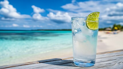A glass of chilled coconut water with lime, in a tropical beach setting with empty space for text