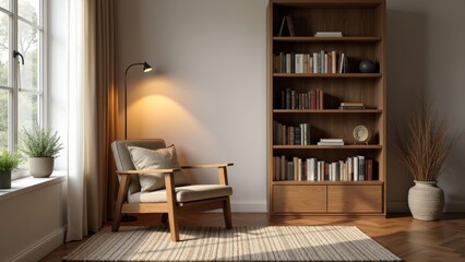 Cozy Reading Nook with Minimalist Wooden Chair and Bookshelf