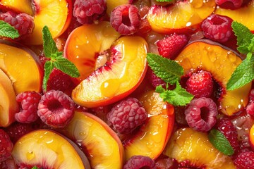 Fresh fruit platter featuring raspberries and peaches in a close-up shot