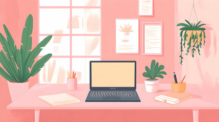 A pink desk with a laptop, books, and plants in front of a window.