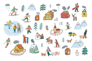 Winter holiday in the village with people skiing, skates, dogs, animals, houses illustrations set.