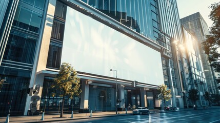 Obraz premium A modern urban scene featuring a large blank billboard on a skyscraper.