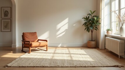 Fototapeta premium Stylish Modern Living Room with Warm Lighting and Hand-Woven Cotton Rug