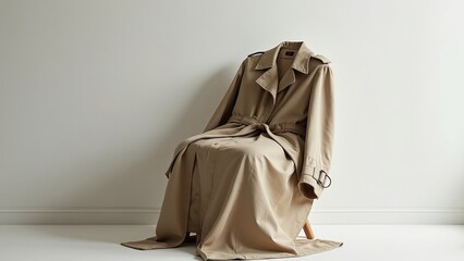 Elegant Trench Coat Draped on Minimalistic Chair with Copyspace