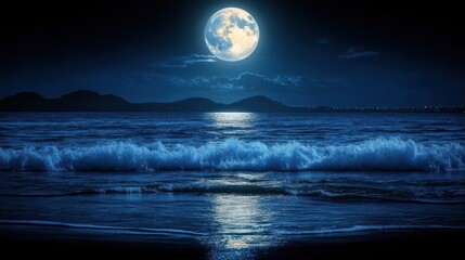 Full moon over the ocean at night with crashing waves and a dark silhouette of distant mountains.