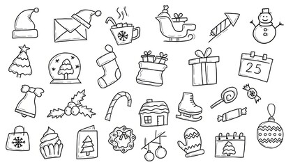 New Year. Christmas icons on Christmas theme. Hand-drawn linear icons. Festive mood for the New Year. gift. Christmas tree. 