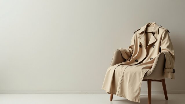 Classic Trench Coat Draped Over Minimalistic Chair with Copyspace