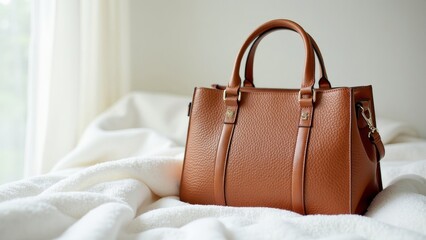 Chic Brown Designer Handbag on Plush White Blanket