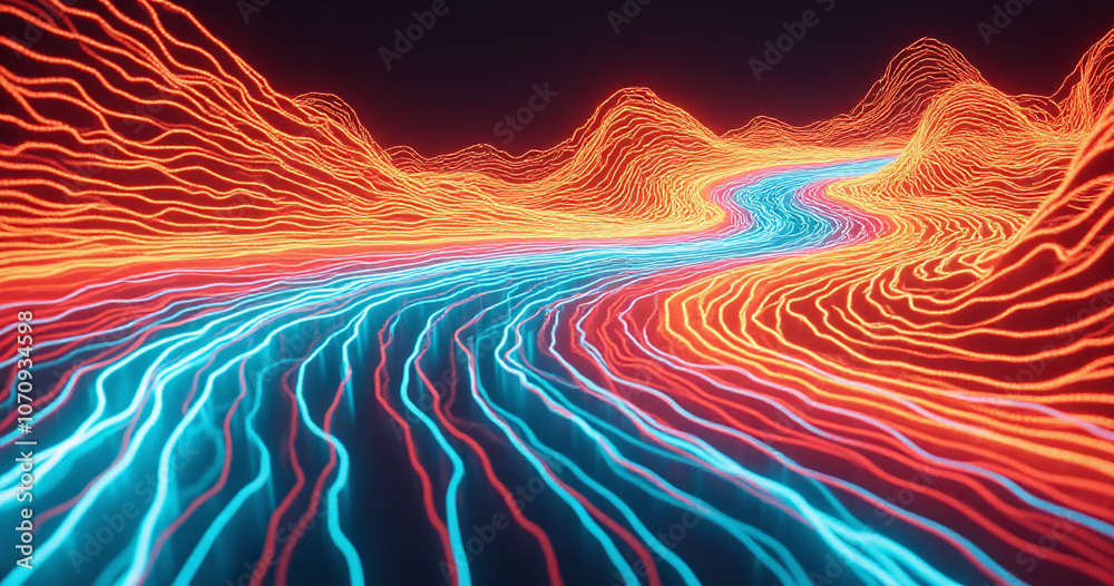 Poster Vibrant colors of neon orange and turquoise create a dynamic energetic pattern reminiscent of moving energy waves in this bold design