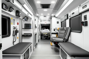 Obraz premium Modern ambulance interior with stretcher and seats.
