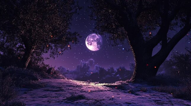 Dark forest with tall trees under glowing full moon in dramatic night sky
Seamless looping 4k time-lapse virtual video animation Generated AI