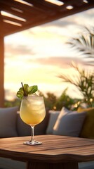 Refreshing cocktail with mint garnish on wooden table at sunset, tropical resort ambiance with palm silhouettes and warm sky in background.