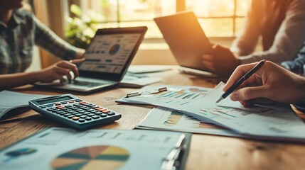 A business team analyzing financial data on laptop, Business team analyzing financial