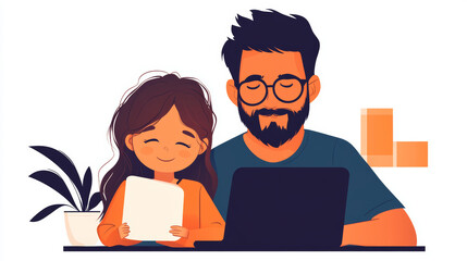 Smiling father and daughter work together at home.