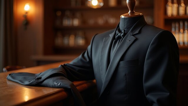 Elegant Black Tuxedo Jacket on Polished Oak Bar with Copyspace
