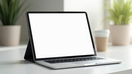Fototapeta premium Minimalist Workspace with Laptop and Coffee for Web Design