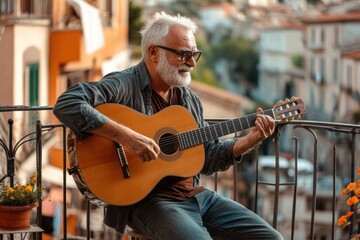 Senior musician playing acoustic guitar on balcony with scenic city view