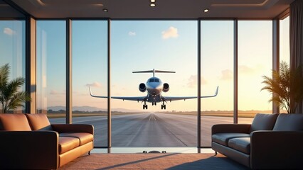 Fototapeta premium Stylish Airport Lounge with Private Jet Taking Off on a Clear Day