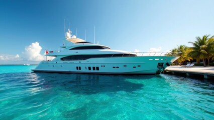 Naklejka premium Luxurious Yacht Moored at a Private Island in Crystal Clear Waters
