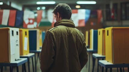 A person standing in front of several voting booths, ready to cast their ballot