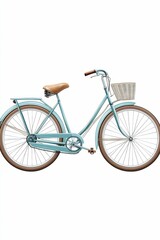 Blue bicycle with brown basket and seat.